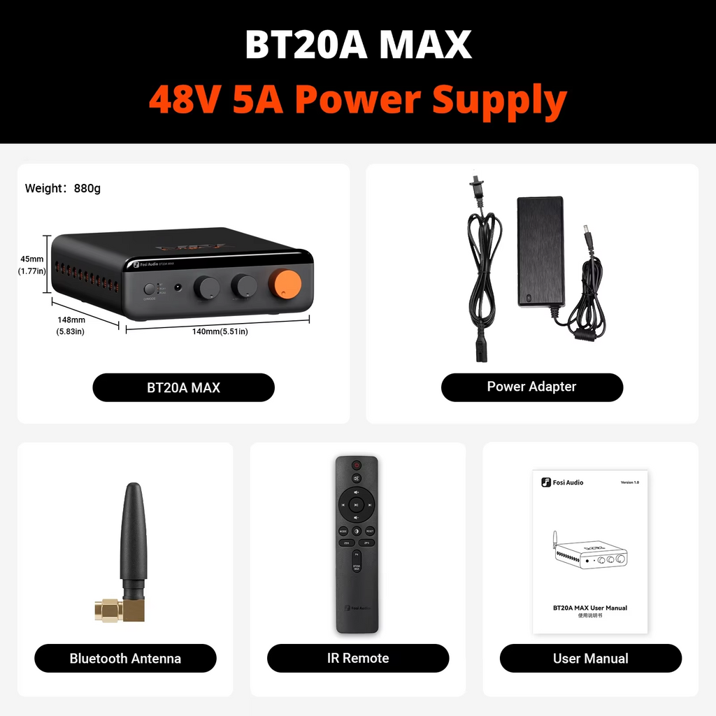 Fosi Audio BT20A MAX Bluetooth 6.0 Amplifer  2.1 Channel Hifi Stero amplifier PFFB 300W*2 Class D Hight Power amp For Outdoor