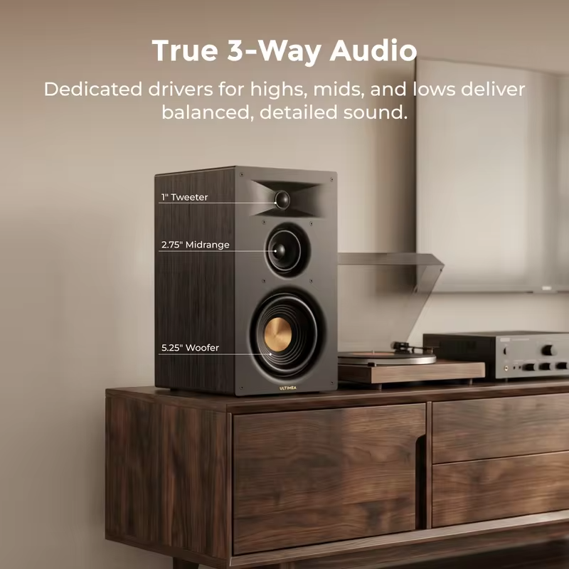 ULTIMEA 5.25'' Three-way Bookshelf Speakers, 70W RMS, App Control, Edge Horn Tech & BassMX, Home Theater Subwoofer, Auracast