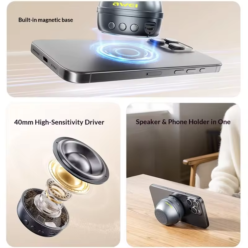 New Awei Magnetic Bluetooth Audio 40mm Bass Diaphragm 360° Surround Wireless Small Portable Mini Outdoor Subwoofer Speaker