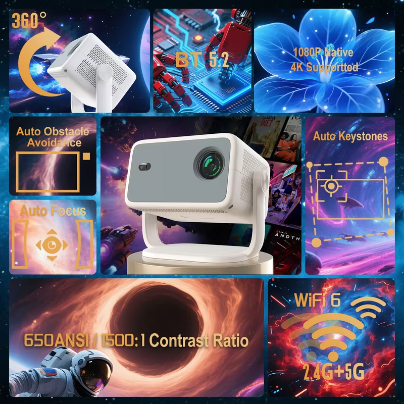 Velec TP350 NTV Projector Compatible with Netflix 650ANSI Android 13 Native 1080P With Auto Focus Smart Home Outdoor Projector