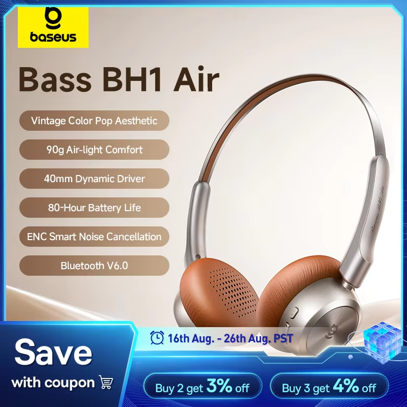 Baseus BH1 Air Wireless Headphones Bluetooth 6.0 ENC Noise Cancellation Lightweight 90g Over Ear Headset 80H Earphone