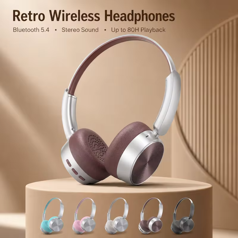 Retro Wireless Headphones Bluetooth 5.4 Over Ear Earphones 80H Playback 40mm Driver Type-C Charging Soft Cushions Built-in Mic