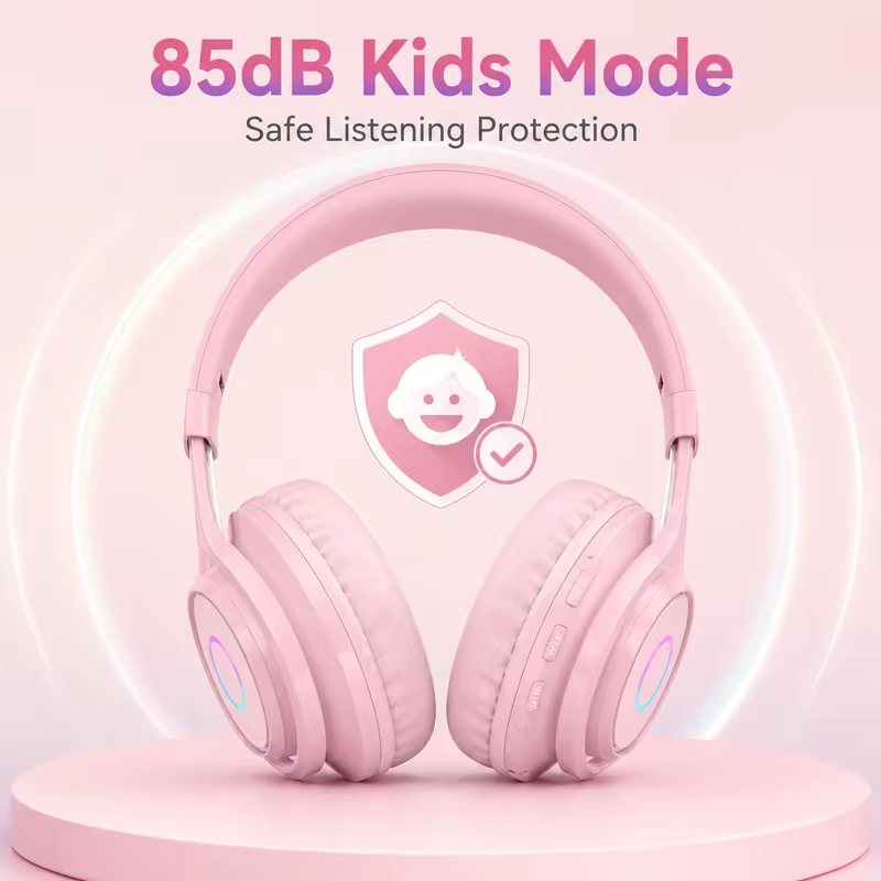 Kids Headphones Bluetooth 5.0 Wireless Earphones with 85dB Volume Limit RGB Light 3.5mm Wired Mode for School Travel and Gifts