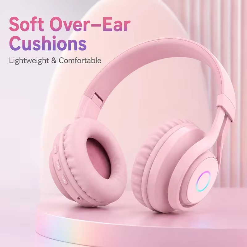 Kids Headphones Bluetooth 5.0 Wireless Earphones with 85dB Volume Limit RGB Light 3.5mm Wired Mode for School Travel and Gifts