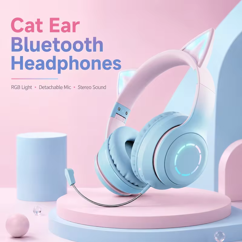 Cat Ear Headphones Bluetooth 5.1 Wireless Earphones with RGB Light Detachable Mic 40mm Stereo Drivers for Gaming Calls & Music