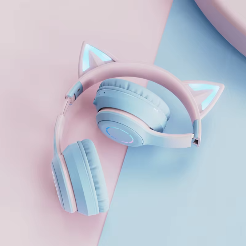 Cat Ear Headphones Bluetooth 5.1 Wireless Earphones with RGB Light Detachable Mic 40mm Stereo Drivers for Gaming Calls & Music