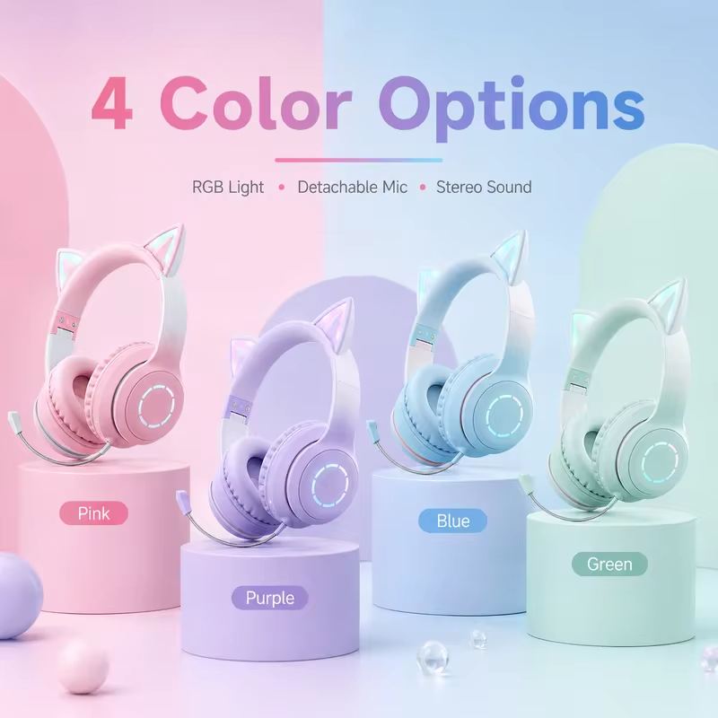 Cat Ear Headphones Bluetooth 5.1 Wireless Earphones with RGB Light Detachable Mic 40mm Stereo Drivers for Gaming Calls & Music