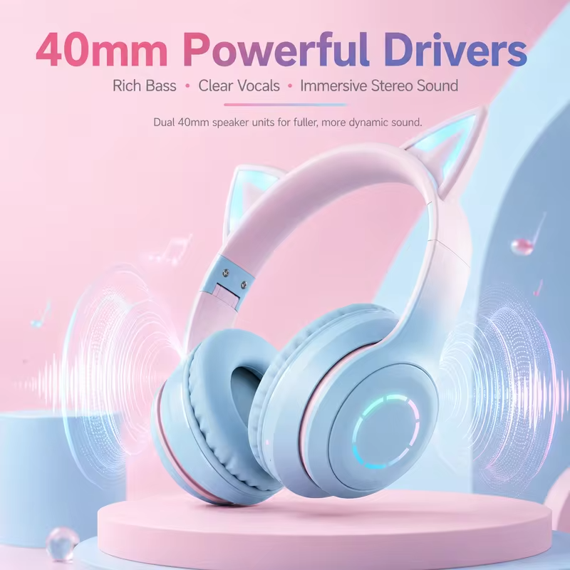 Cat Ear Headphones Bluetooth 5.1 Wireless Earphones with RGB Light Detachable Mic 40mm Stereo Drivers for Gaming Calls & Music