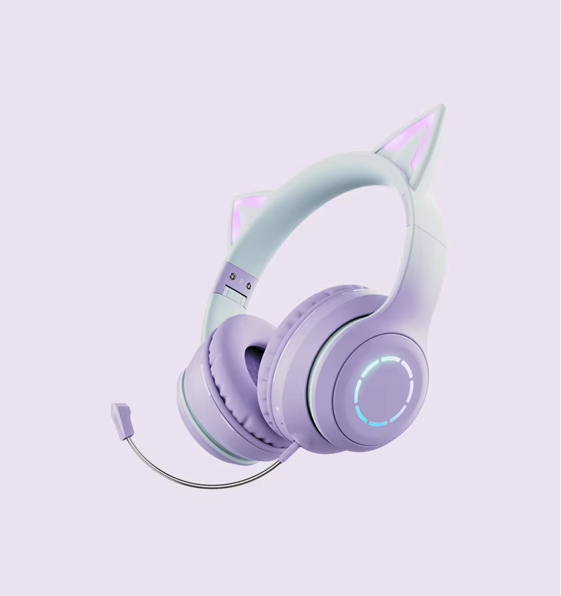 Cat Ear Headphones Bluetooth 5.1 Wireless Earphones with RGB Light Detachable Mic 40mm Stereo Drivers for Gaming Calls & Music