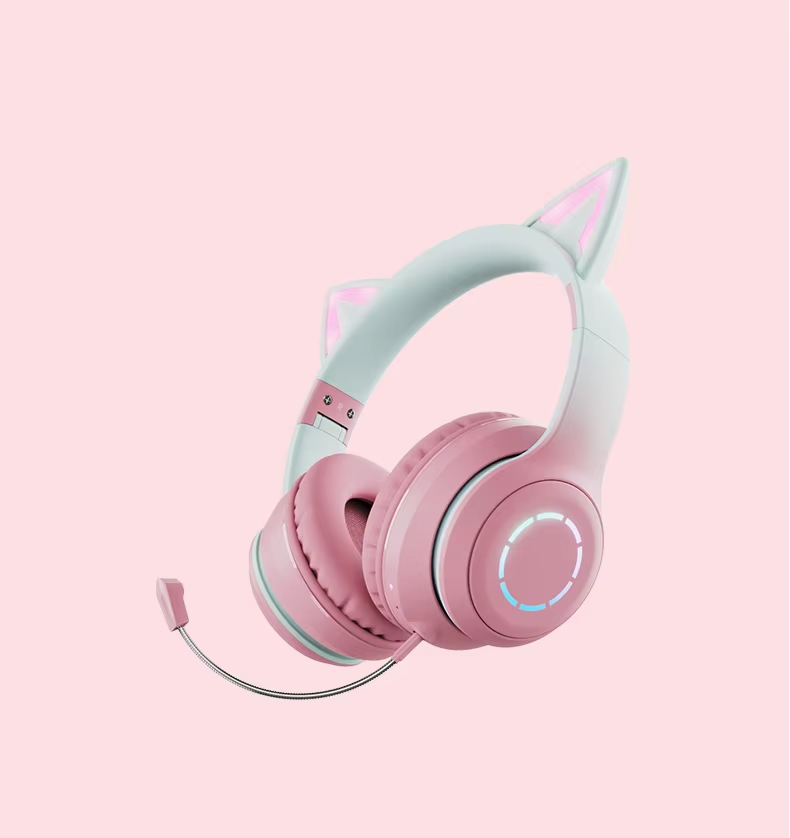 Cat Ear Headphones Bluetooth 5.1 Wireless Earphones with RGB Light Detachable Mic 40mm Stereo Drivers for Gaming Calls & Music