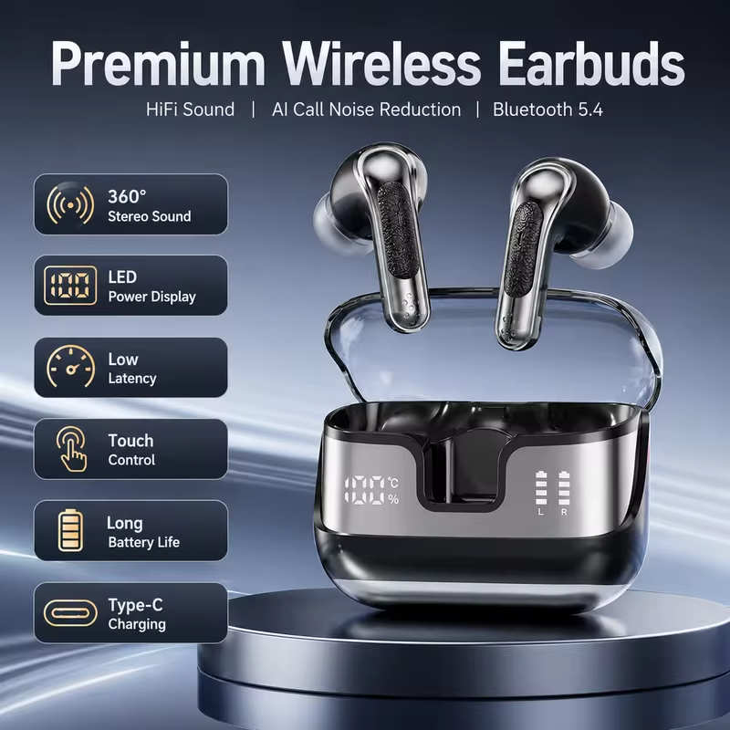 In-Ear Bluetooth Headphones Wireless Earphones with AI Noise Reduction, LED Display, 360° Stereo Sound and Touch Control
