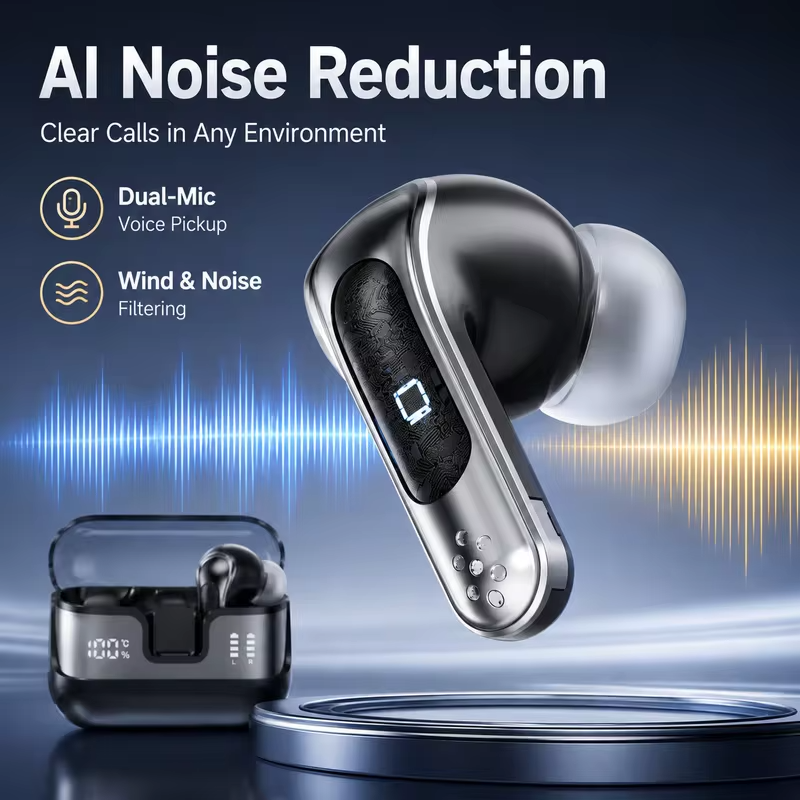 In-Ear Bluetooth Headphones Wireless Earphones with AI Noise Reduction, LED Display, 360° Stereo Sound and Touch Control