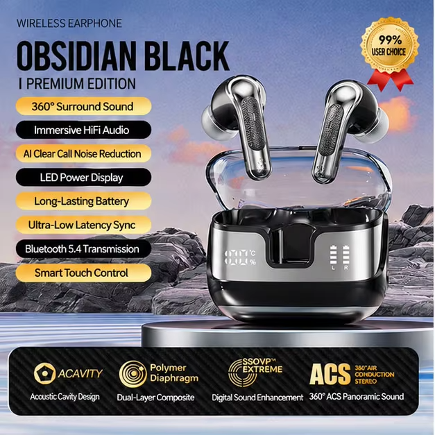 In-Ear Bluetooth Headphones Wireless Earphones with AI Noise Reduction, LED Display, 360° Stereo Sound and Touch Control